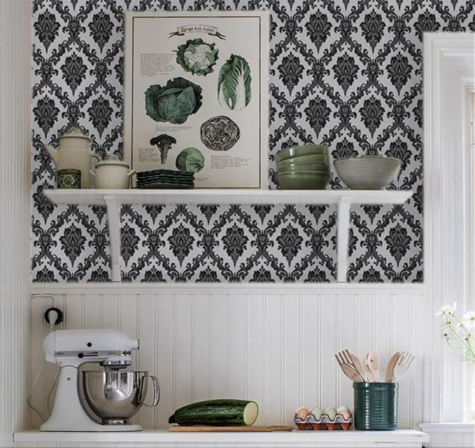 17.7" x 394" Black Peel and Stick Wallpaper Black Vintage Wall Paper