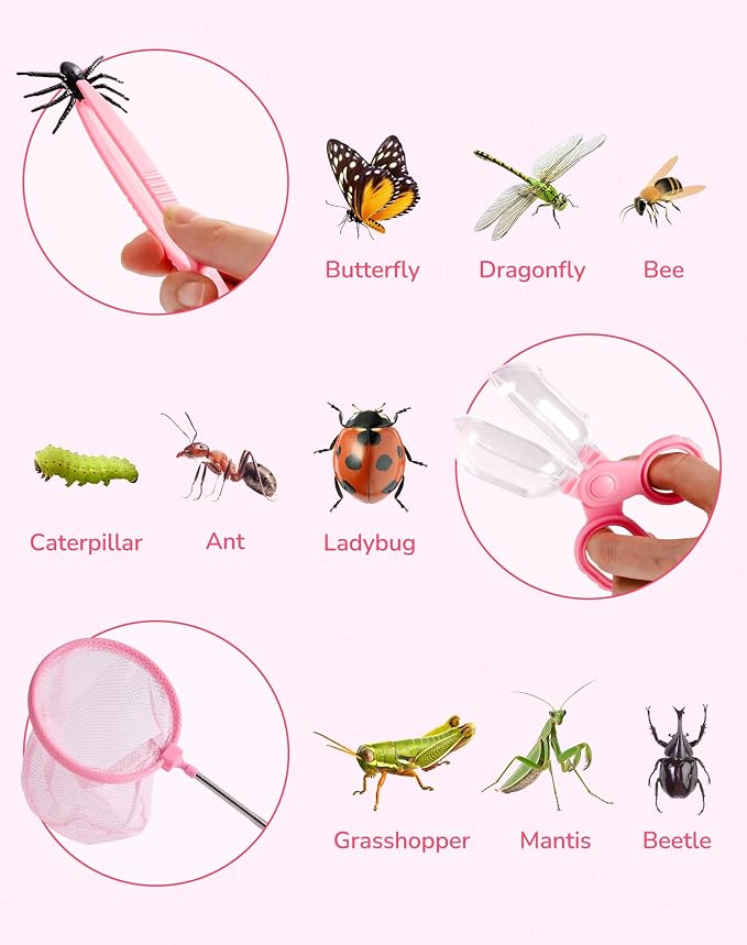 ROBUD Upgraded Bug Catcher for Kids, Bug Catching Kit with Bag Kit, Pink Outdoor Exploration Set for Camping, Montessroi Toy for Kids Coming Closer to Nature，WRP59
