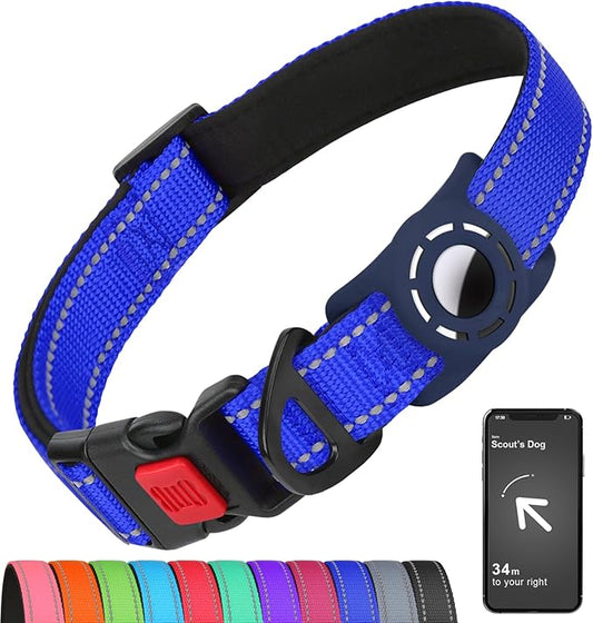 Airtag Dog Collar with AirTag Holder for Large Dogs, Reflective, Soft Padded & Safety Locking Buckle, Nylon Pet Collars Adjustable for All Breeds, NavyBlue,L