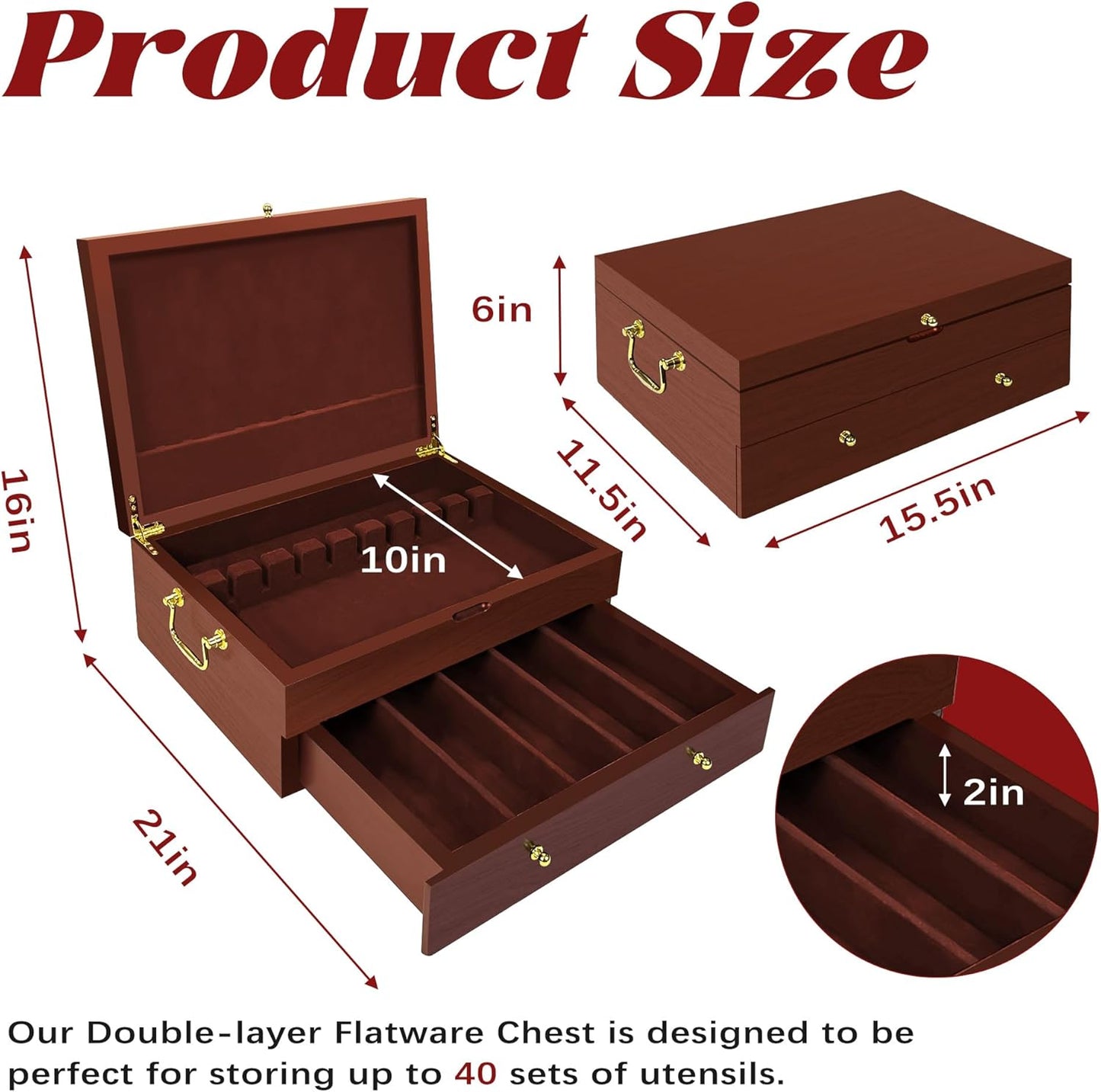 Silverware Storage Box Solid Wood with Lid, 2 Layer Silverware Storage Chest, 15.5'' ×11.5'' Silverware Organizer with Handle and Felt Lined, Chest for Flatware Setting Up 30