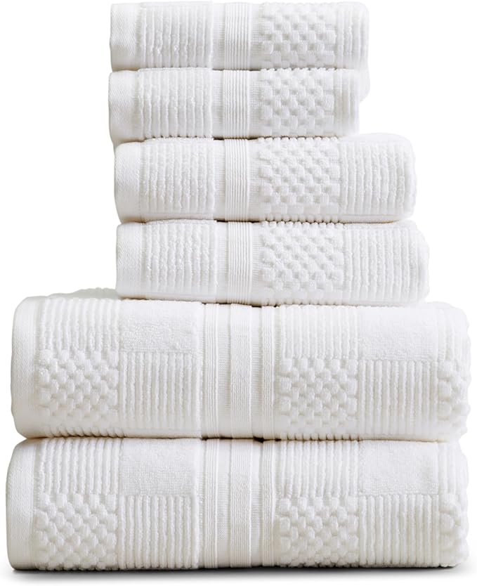 Springtree Home 100% Cotton Bathroom Towel Set | 6 Piece Set - White Towels | Geometric Textured Design | Absorbent & Quick-Dry | Oeko-TEX® Standard 100 Cotton | Myla Collection - White