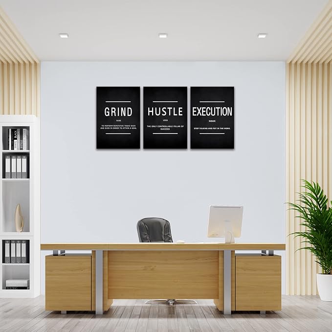 KAWAHONE Grind Hustle Execution Quotes Framed Wall Art, Inspirational Painting