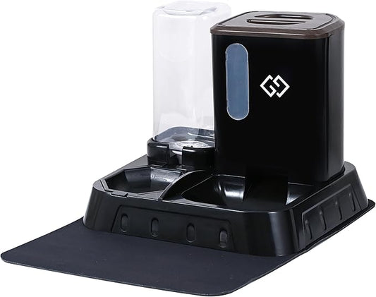 Gravity Cat Feeder and Automatic Water Dispenser for Dogs, 3 in 1 Spill-Proof Cat Feeding Station, Black Premium Design with Absorbent Mat, Easy to Clean