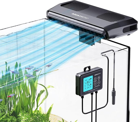 Aquarium Chiller Fan,Fish Tank Cooler with Temperature Control,Minimum Setting 59℉,Auto Start/Stop,Refrigeration Effect 3-7℉,3-Speed Modes,for Axolotl Seawater Freshwater Coral Grass Tank