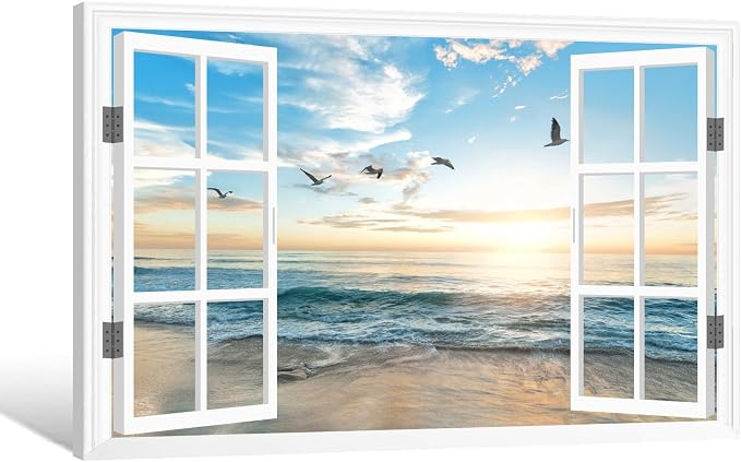 Goldfoilart Ocean Beach Sunset Window Canvas Wall Art