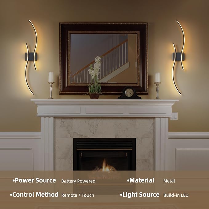Battery Operated Wall Sconces Set of 2, Dimmable Modern LED Rechargeable Wall