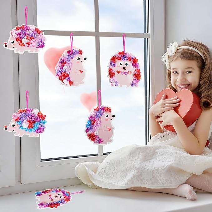 Fennoral 24 Pack Valentine's Day Craft Kits for Kids Make You Own Hedgehog Heart Poke in Art and Craft with Card DIY for Valentines Day Gift for Kids Classroom Activities Party Decoration