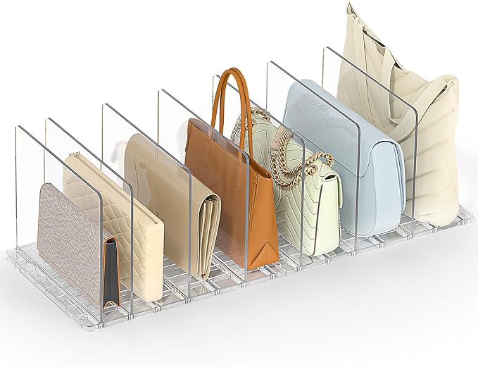 SortNStore Bag & Purse Organizer for Closet: Adjustable Clear Handbag Storage Shelf - Plastic Clutch Dividers for Closet Organizers and Storage - Keep Carteras & Pocketbook Upright