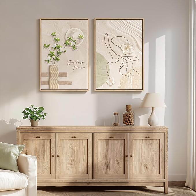 Framed Neutral Boho Wall Art for Bedroom, Mid Century Modern Bohemian Canvas