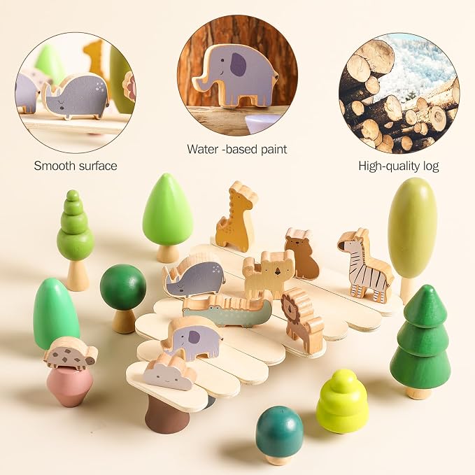 Wooden Animal Forest Balance Stacking Toy Set 36PCS Wood Miniature Tree Blocks Set Elegant Ornaments for Home Decor Wooden Mini Trees Animals Balance Toy for Toddler 36 Months+