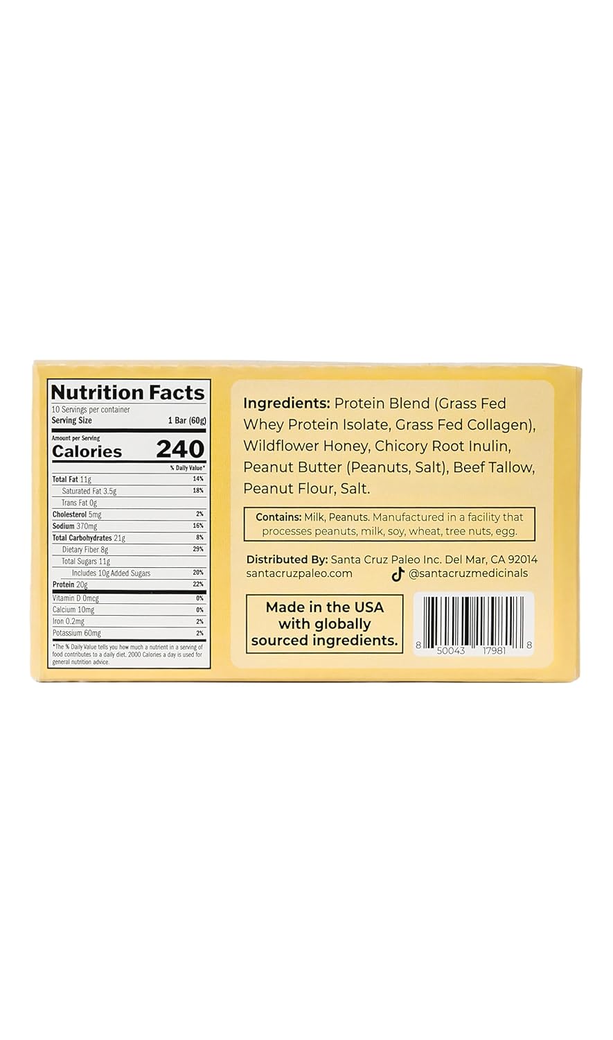 Santa Cruz Paleo Protein Bar – 20g Grass-Fed Whey & Collagen Protein – Wildflower Honey Sweetened, No Seed Oils, High Protein Snack Bar (Peanut Butter Flavor, Pack of 10)