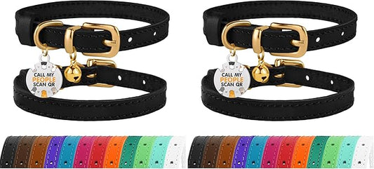 BRONZEDOG Leather Cat Collar with Removable Bells Non Breakaway Kitten QR Tag for Girl Boy (7" - 9" for Cats, Black & Gold) (Pack of 2)