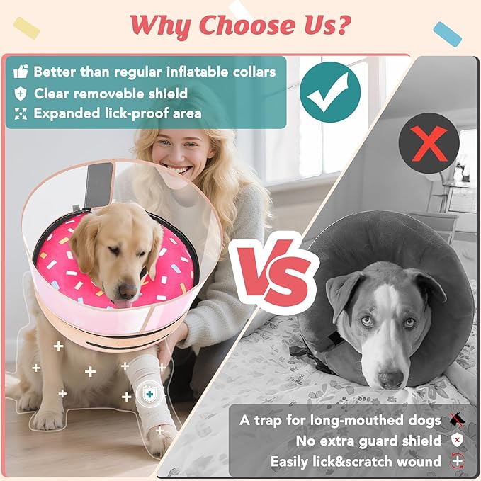 Inflatable Dog Cone with Anti-Licking Clear Shield, Protective Dog Donut Collar After Surgery, Adjustable Soft Recovery Cone for Pets, Alternative Collar with Buckle Strap (Pink, L)