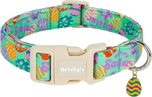 Easter Dog Collar for Medium Dogs, Adjustable Green Medium Dog Collar with Colorful Eggs Pattern, Cute Easter Dog Collars Girl Boy Collar for Dogs -M