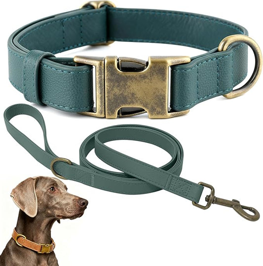 Dog Collar and Leash Set,Leather Silicone Waterproof Odor-Proof Dog Collar and Leash for Large Dogs, Soft Flexible Dog Collars, Durable Thick Adjustable Pet Collar (Green, Large (14.5-24" Neck))