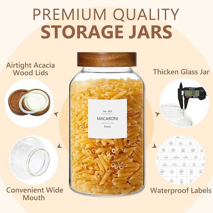 KEYWING 88oz Large Glass Jars with Airtight Acacia Wood Lids, Set of 3 Food Storage Containers for Flour, Sugar, Rice, Pasta, Cereal, Cookies – Includes 126 Labels