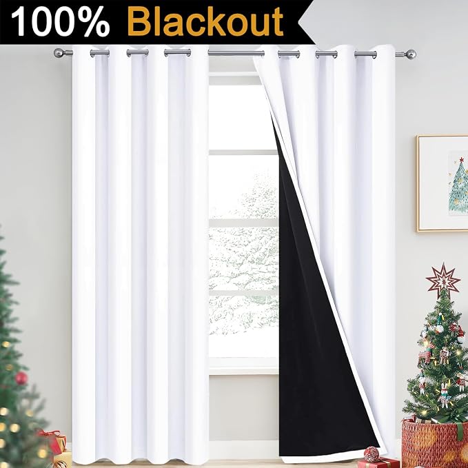 Yakamok Pure White 100% Blackout Curtains, 2 Thick Layers Completely Blackout