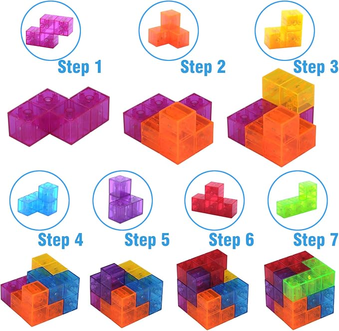 WorWoder Kids Magnetic Building Blocks Magic Magnetic 3D Puzzle Cubes, Set of 7 Multi Shapes Magnetic Blocks with 54 Guide Cards, Intelligence Developing and Stress Relief Fidget Toys for Kids (Blue)