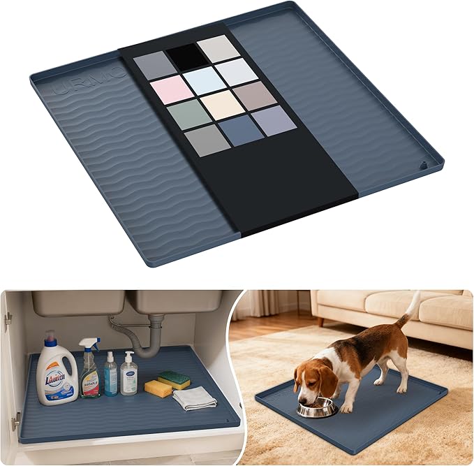 URMONA Waterproof Silicone Under Sink Mat 19'' x 19'' Shelf Liner for Kitchen and Bathroom, Cabinet and Counter Protector, Storage and Organizers, Litter Mat, Pet Cat Puppy Essentials(Dark Grey)