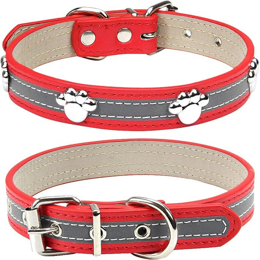 PETCARE Reflective Dog Collar with Cute Paw Rivet Studded Funny Soft PU Leather Adjustable Puppy Dog Collars for Small Medium Large Dogs Cats (Red,Small)