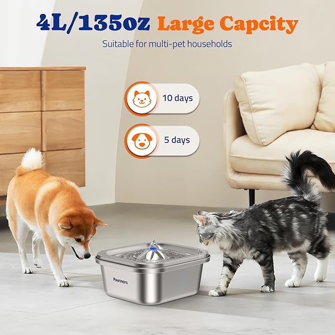 Cat Water Fountain Stainless Steel: 4L/140oz Pet Fountain Water Bowl Indoor, Automatic Dog Drinking Dispenser, Cat Feeding Watering Supplies, Metal Kitty Waterer Fountain, 1 Replacement Filters