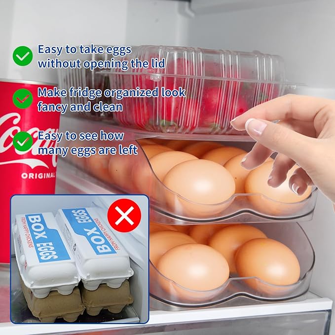 MesRosa Egg Holder for Fridge, Automatic Rolling Egg Organizer for Refrigerator, Clear Plastic Egg Container & Tray, Stackable Dispenser and Storage with Sturdy Lid to Saving Space -1 Layer