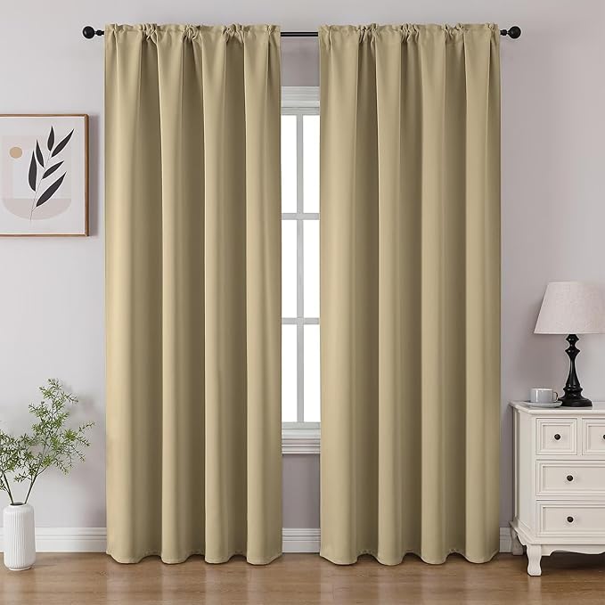 CUCRAF Beige Blackout Curtains 96 inch Length 2 Panels Set, Rod Pocket Room Darkening Drapes for Bedroom Living Room, Insulated Thermal Light Blocking Window Curtain (W52 x L96 Inch)