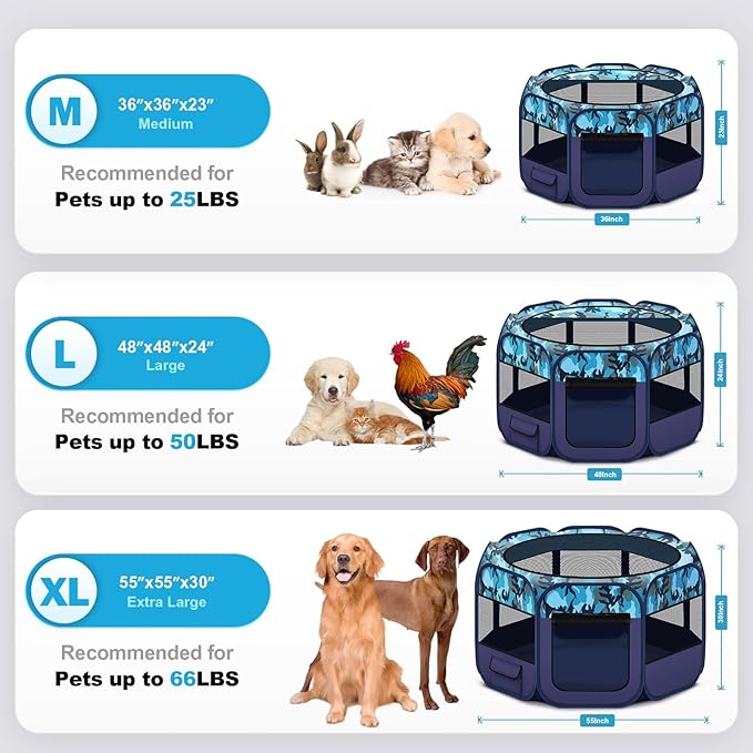 Dog Playpen, Pet Playpen, Portable Cat Playpen, Foldable Puppy Playpen Exercise Kennel Tent with Carry Case Collapsible Bowl,Water-Resistant Shade Cover for Indoor Outdoor Travel （Bule,Medium）