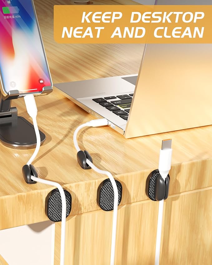 6 Pack Puretor Cord Organizer Holders - Strong Adhesive & Magnetic Desk Cable Management, Effortlessly Organize Phone Charging Cords for Home, Office, Car, Desk & Nightstand