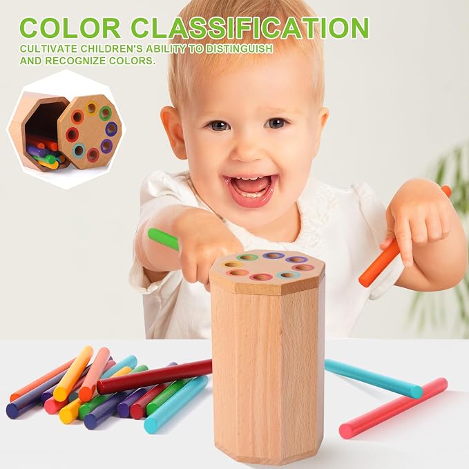 Montessori Toys for 1-3 Year Old: Wooden Learning Color Sorting Sticks Toys for Toddlers Age 1 2 3, Educational Fine Motor Developmental Sensory Matching Game Activities, 12 18 24 Month Kid Boy Girl