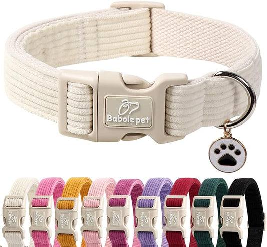 Cute Corduroy Dog Collar - White Adjustable Dog Collars for X-Small Dogs 4-10lbs, Fade-Proof with Secure Snap & Little Charm, Christmas Birthday Gift, XS