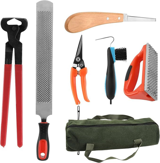 7 PCS Farrier Tool Kits Professional Hoof Trimming Farrier Tools for Horses Cattle Goat Donkey Pig,Includes 14 Inch Hoof Nipper,Hoof Rasp,Hoof Trimmers,Hoof Knife and Brush,Mini Hoof Rasp,Carry Bag
