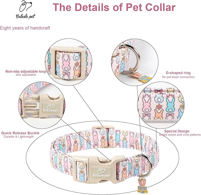 Easter Dog Collar for Medium Dogs - Pastel Bunny Easter Collars for Female Dogs, Cute Spring Girl Dog Collar, Lightweight Adjustable Cartoon Holiday Pet Collars M