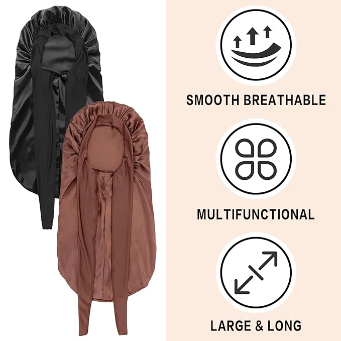 2Pcs Bonnets for Black Women Braid Bonnet, Large Long Satin Bonnet for Braids, Silk Bonnet with Stretchy Tie Band Sleep Cap Hair (2Pcs-Black&Brown)