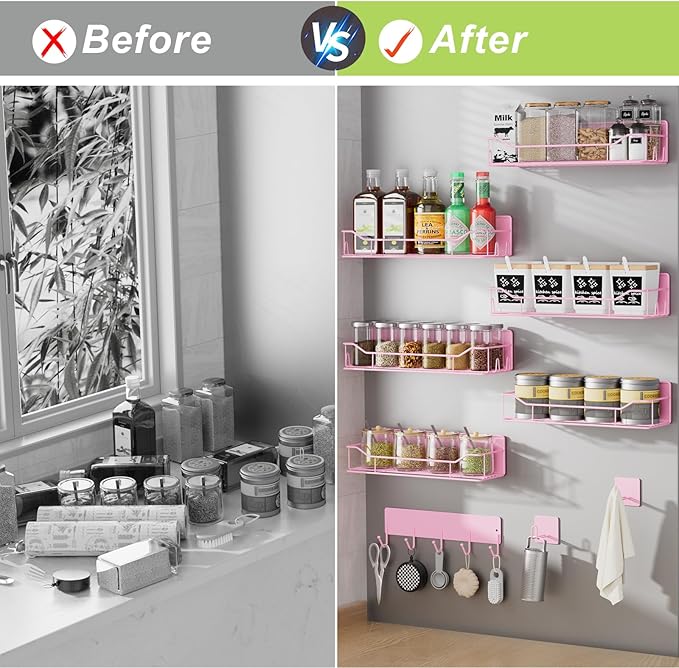 Magnetic Spice Rack for Refrigerator, 9 Pack Magnetic Fridge Shelves W/Adjustable Paper Towel Holder, Hook Rack, Moveable Spice Organizer Shelf for Kitchen Organization and Storage (Pink)