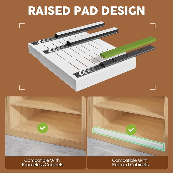 Seinloes 1 Pack Expandable Pull Out Cabinet Organizer 21" Deep with Raising Pad for Framed Cabinets,Upgrade 3 Slide Rails Slide Out Drawers,Roll Out Shelves Adhesive,Adjustable Width 12.05"-20.4"White