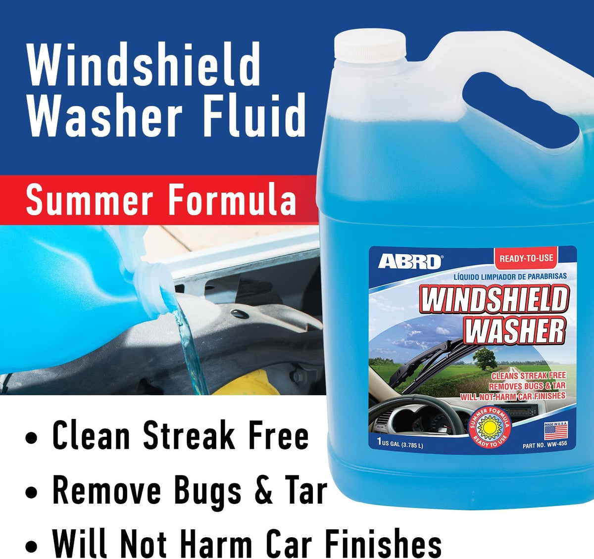 ABRO Windshield Washer Fluid Ready to Use Formula - 1 Gallon, Pre-Mixed, Streak-Free Cleanliness, 2-In-1 Removes Bugs & Tar