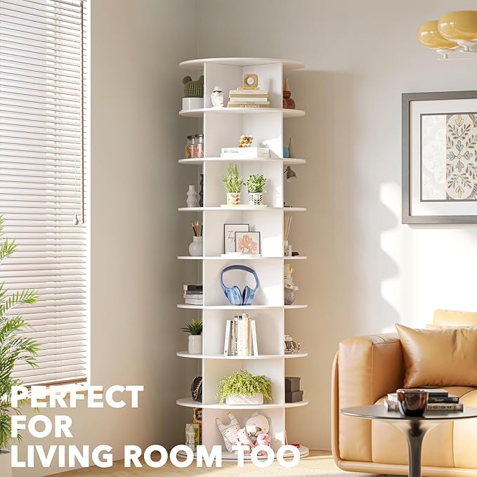 SpaceAid 8 Tier Rotating Shoe Rack Tower, Spinning Shoe Display Lazy Susan, Revolving 360 Shoe Rack Storage Round Carousel, Vertical Handbag Rotate Shoes Closet Organization (8-Tier White)