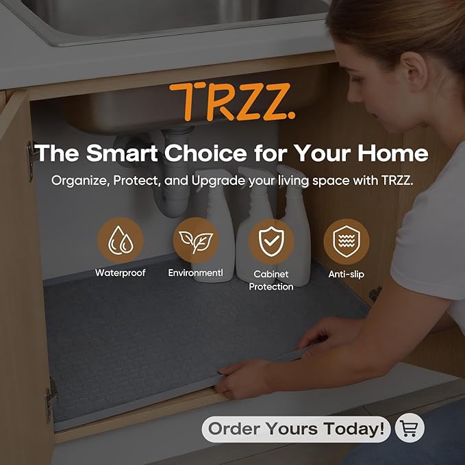 TRZZ Silicone Waterproof Under Sink Mat 28" x 22", Drip Tray and Cabinet Liner for Kitchen and Bathroom, Prevents Water Damage and Organizes Cabinets (Black)