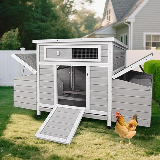 58”Solid Wood Chicken Coop for 3-4 Chickens,Outdoor Hen House Poultry Pet Hutch with Run Cage and 2 Sides Nesting Box,Waterproof Asphalt Roof Ramp,Removable Tray Wire Fence for Backyard