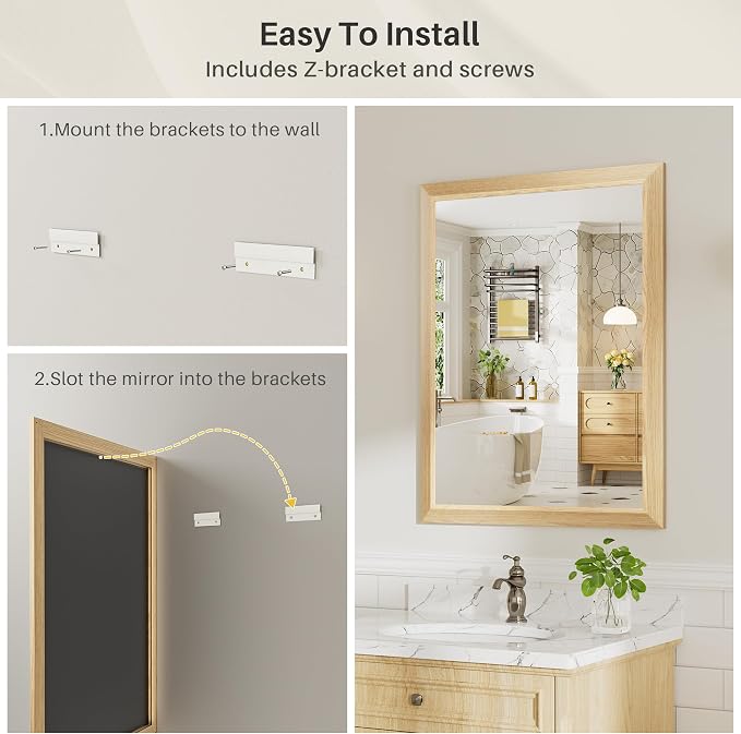 24x30 Inch Bathroom Mirror for Wall, Anti-Rust Oak Wood Grain Metal Framed