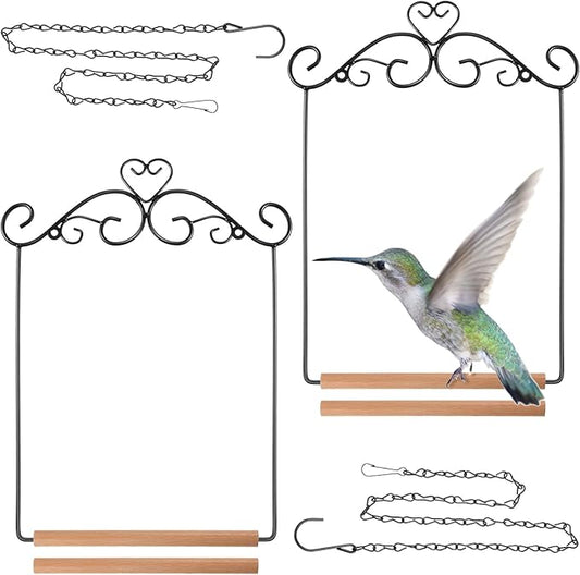 Hotop 2 Pcs Hummingbird Swings and Perches Metal Frame Bird Swing with 2 Replacement Wooden Dowel and 2 Hanging Chain for Outdoor Bird Feeders, Planters, Lanterns Ornaments(Black)
