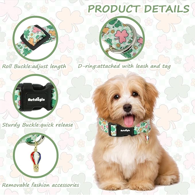 St. Patrick's Day Dog Collar,Puppy Collar with Lucky Shamrock Chequered Pattern,Adjustable Spring Cotton Collars Gifts for Small Medium Large Dogs,Dog Accessories XS
