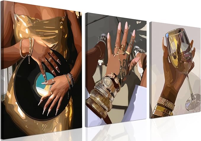 Black Girl wall Art Set of 3, African American Woman Wall Decor Fashion Gold