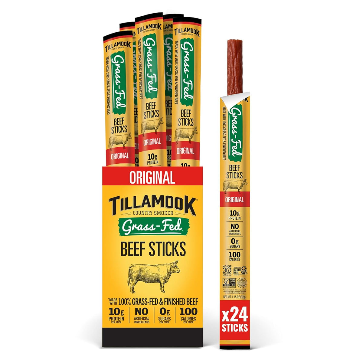 Tillamook Country Smoker 100% Grass Fed Beef Sticks, Zero Sugar, Original, 1.15 Ounce, 8 Pack, Non-GMO Clean Meat Snacks, 10g High Protein Per Stick, Gluten Free Keto Snack, Individually Wrapped