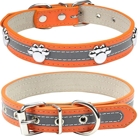 PETCARE Reflective Dog Collar with Cute Paw Rivet Studded Funny Soft PU Leather Adjustable Puppy Dog Collars for Small Medium Large Dogs Cats (Orange,Large)