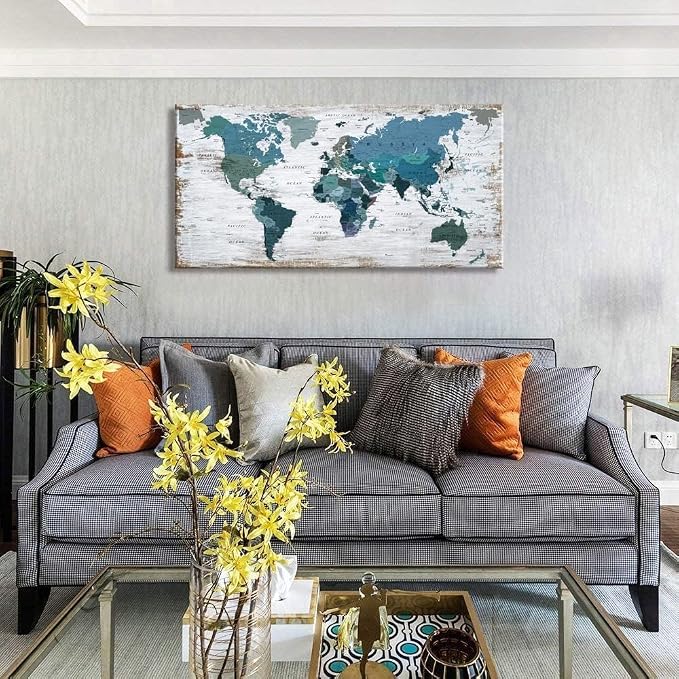 lagre Teal Decor 36inchx71inch World Map Canvas Wall Art Pictures