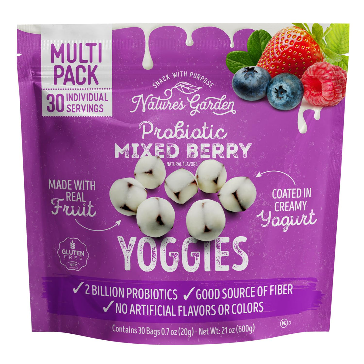 Nature's Garden Probiotic Mixed Berry Yoggies, 21oz (30 x 0.7oz) - Yogurt Covered Fruit Snack, High Fiber, Real Fruit Pieces, Fruit Snack Packs for Adults & Kids
