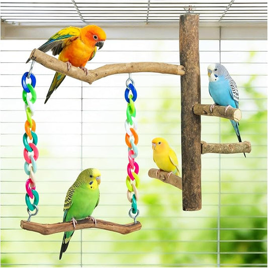 Bird Toys, Bird Swing Toys with Perch Stand, Cage Accessories for Budgies, Parakeets, Cockatiels & Other Small Birds