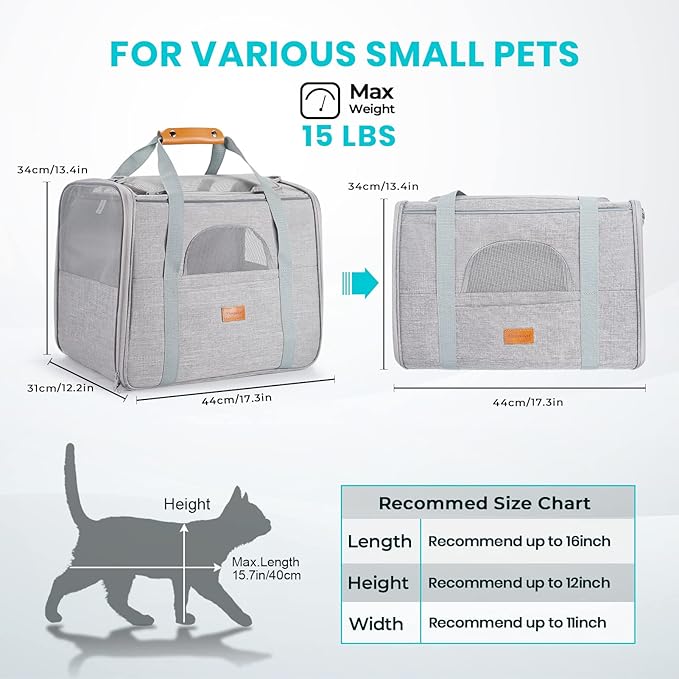 Morpilot Portable Cat Carrier - Soft Sided Cat Carrier for Medium Cats and Puppy up to 15lbs, Pet Carrier with Locking Safety Zippers, Foldable Bowl, Airline Approved Travel Dog Carrier - Light Gray